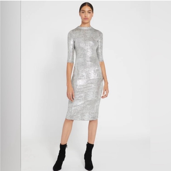 Alice + Olivia Delora Fitted Mock Neck Silver Midi Dress Size 10 - Picture 5 of 16